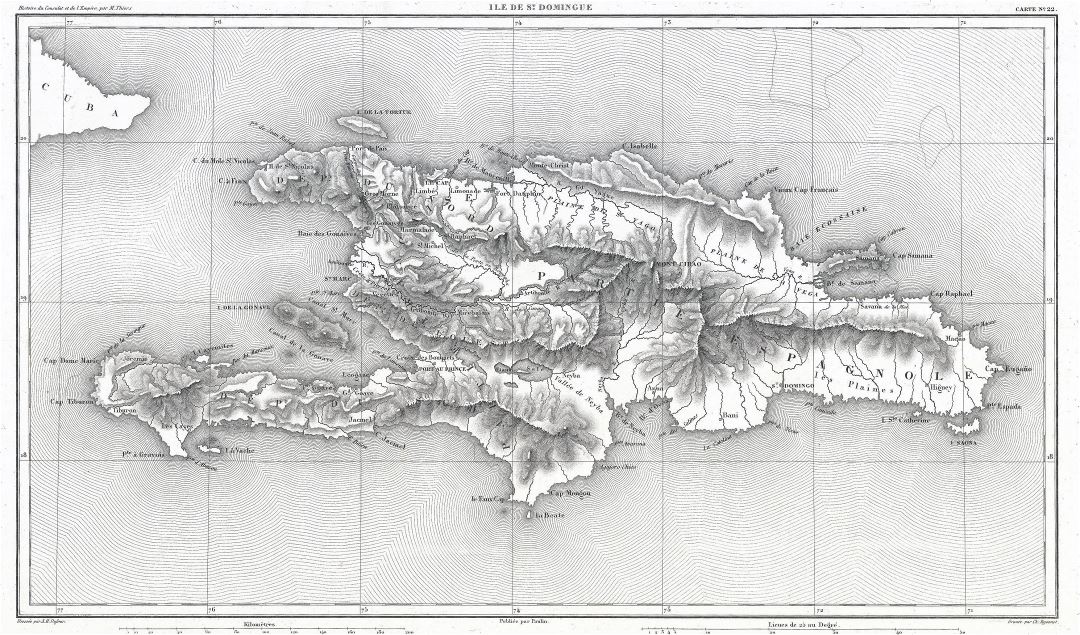 Large detailed old map of Hispaniola or Santo Domingo, West Indies, Haiti, Dominican Republic with relief - 1859