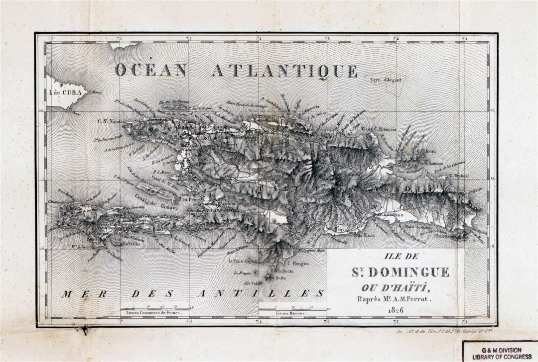 Large detailed old map of Santo Domingo with relief - 1826