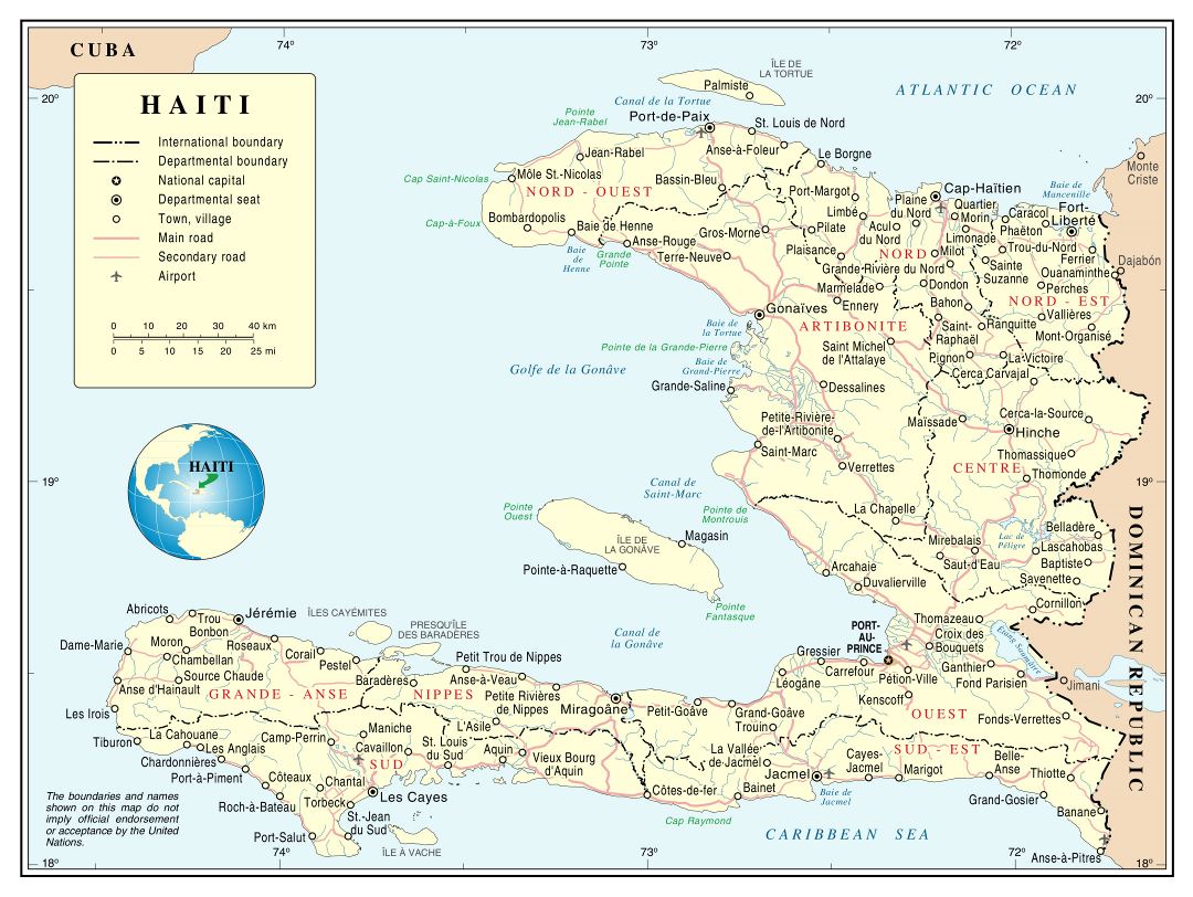 Large detailed political and administrative map of Haiti with roads, cities and airports
