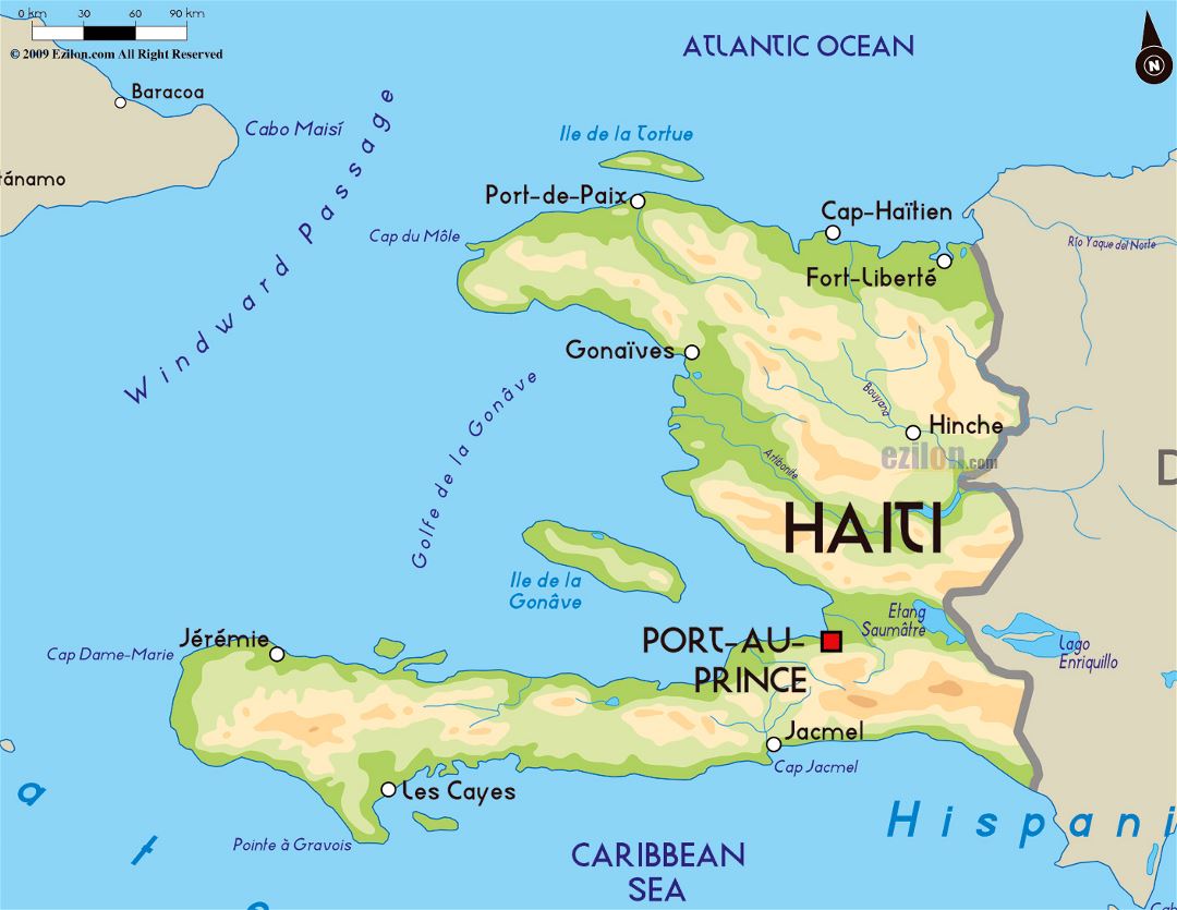 Large physical map of Haiti with major cities
