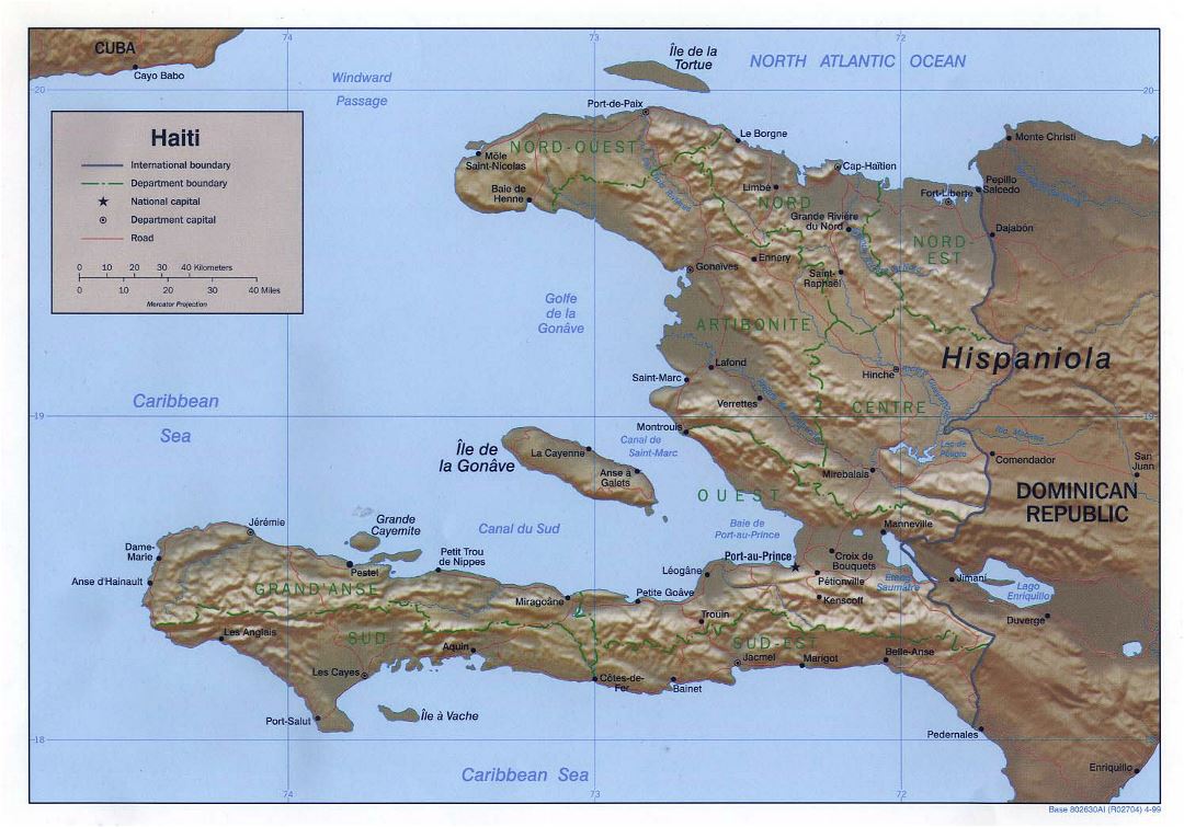 Large political and administrative map of Haiti with relief, roads and major cities - 1999