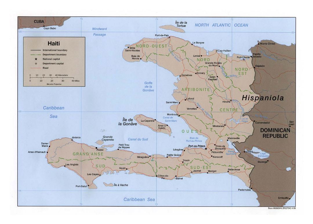 Large political and administrative map of Haiti with roads and major cities - 1999