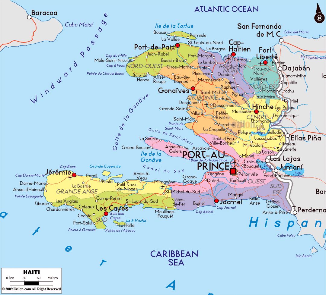 Large political and administrative map of Haiti with roads, cities and airports