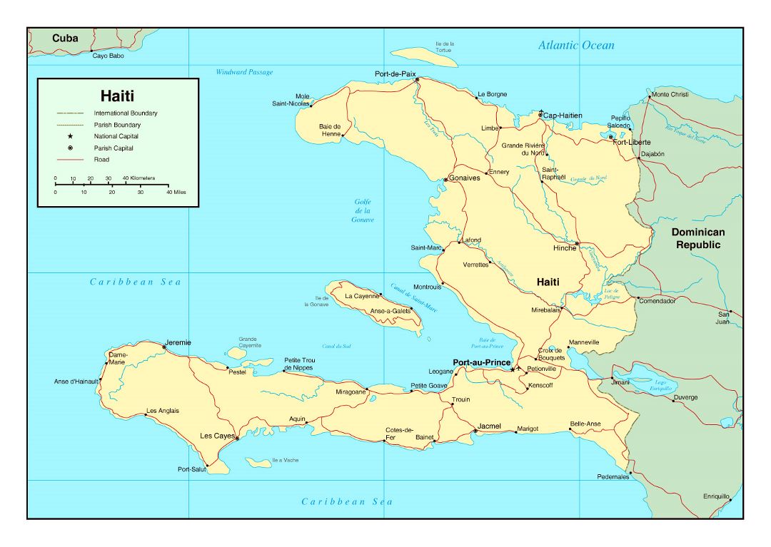 Large political map of Haiti with roads, cities and airports