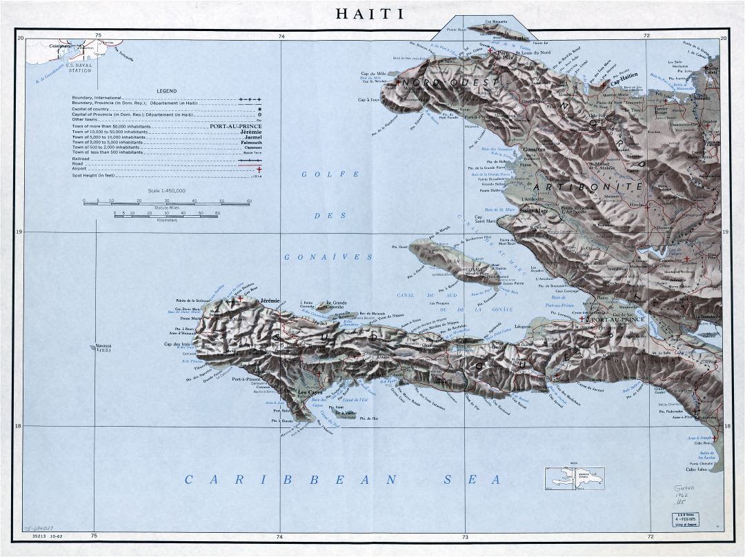 Large scale detailed political and administrative map of Haiti with relief, roads, railroads, airports and cities - 1962