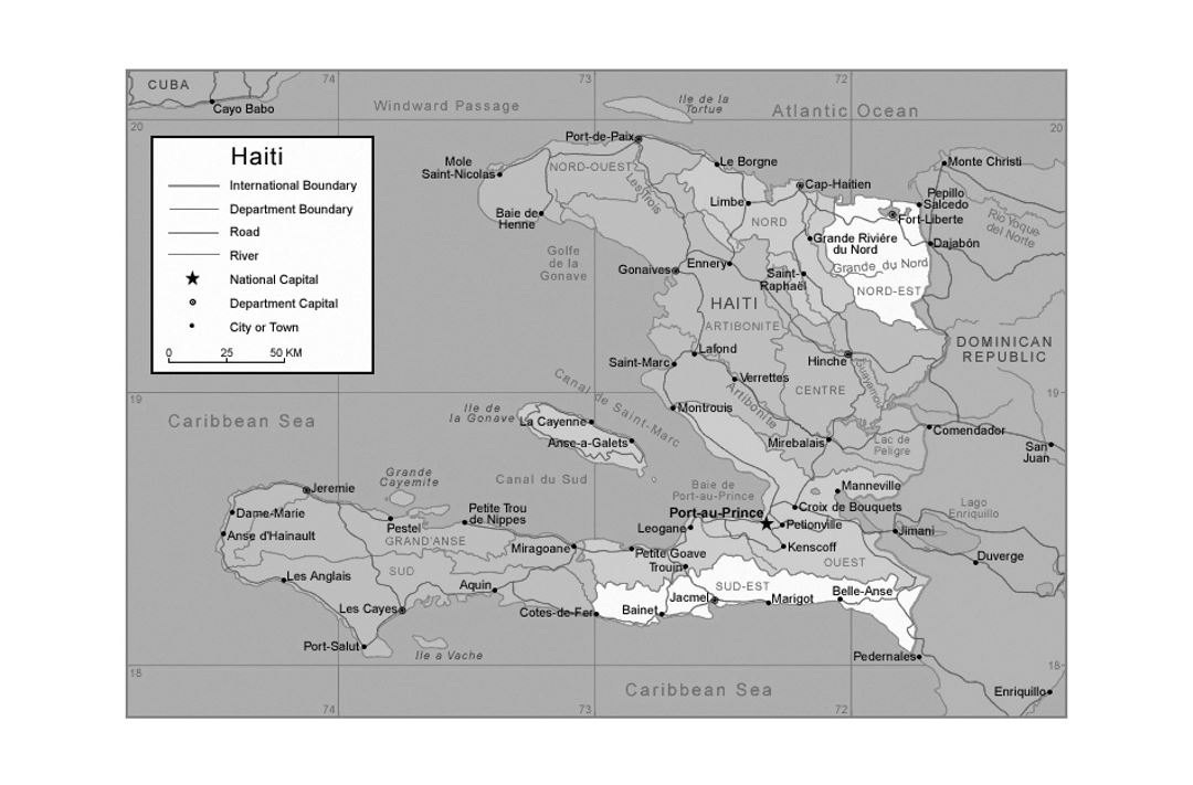 Political and administrative map of Haiti with roads, rivers and major cities