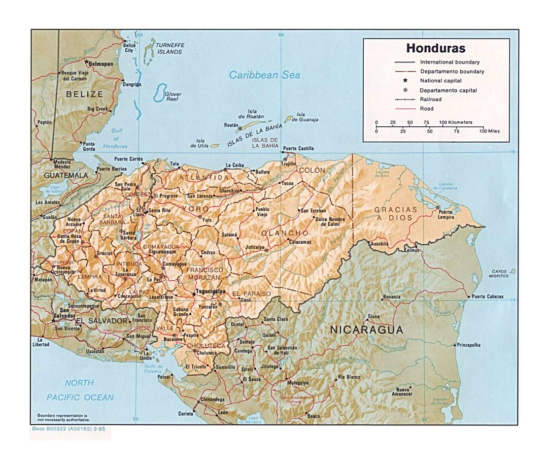 Detailed political and administrative map of Honduras with relief, roads, railroads and major cities - 1985