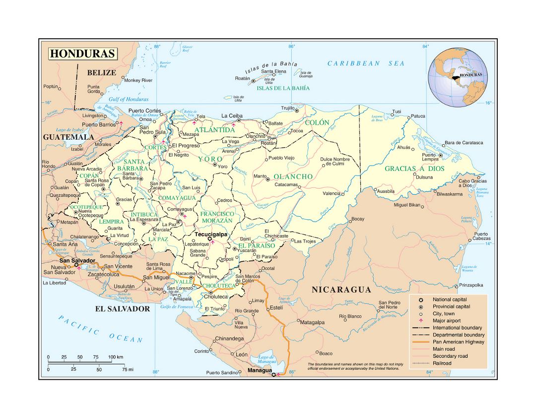 Detailed political and administrative map of Honduras with roads, railroads, major cities and airports