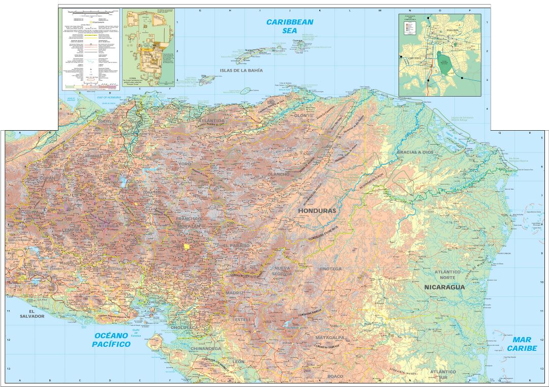 Large detailed elevation map of Honduras with other marks