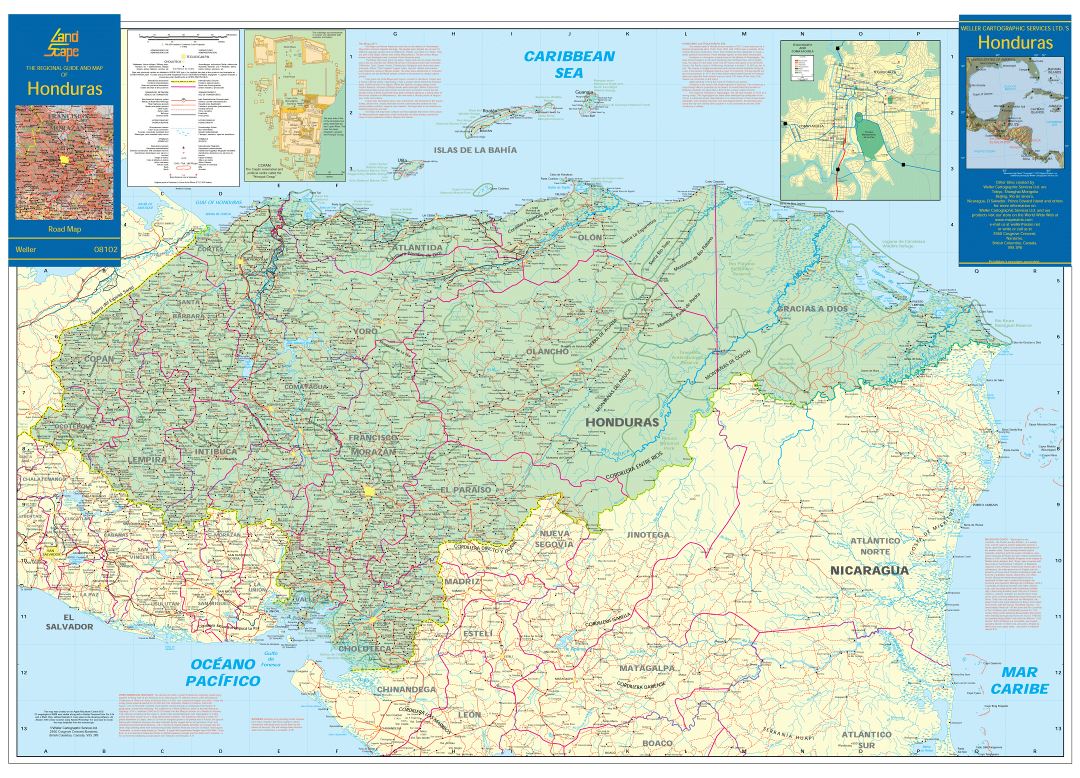 Large detailed map of Honduras with roads, cities and other marks