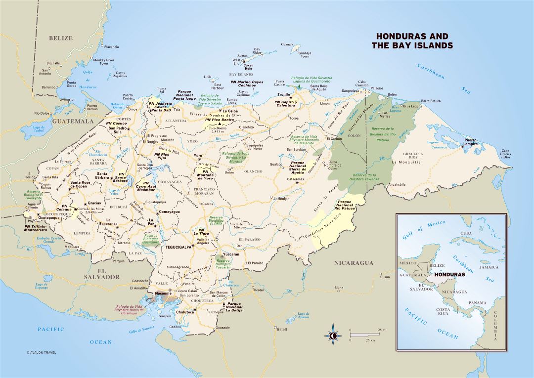 Large detailed political and administrative map of Honduras with roads, cities, national parks and other marks