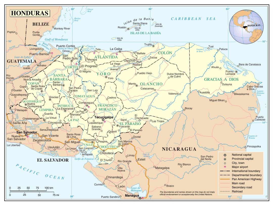 Large detailed political and administrative map of Honduras with roads, railroads, cities and airports