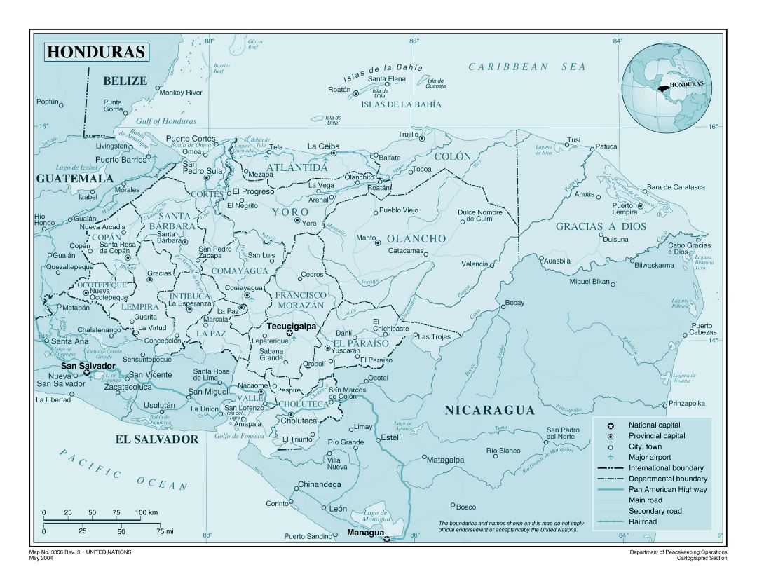 Large detailed political and administrative map of Honduras with roads, railroads, major cities and airports