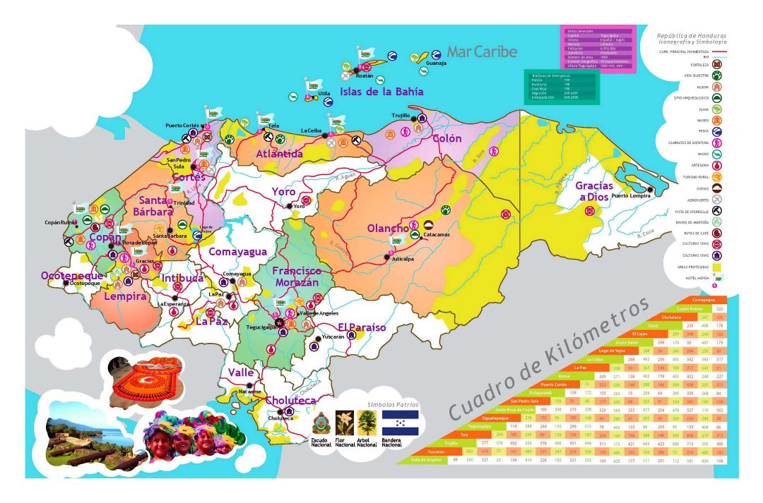 Large detailed tourist map of Honduras