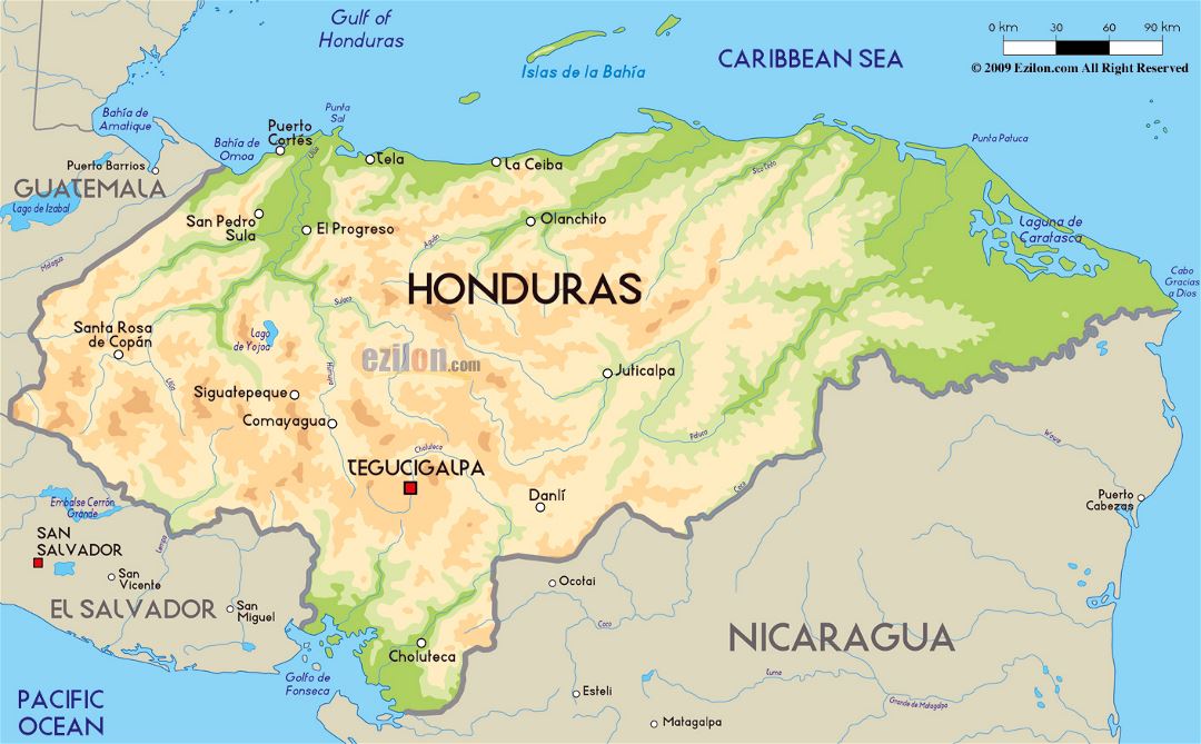 Large physical map of Honduras with major cities