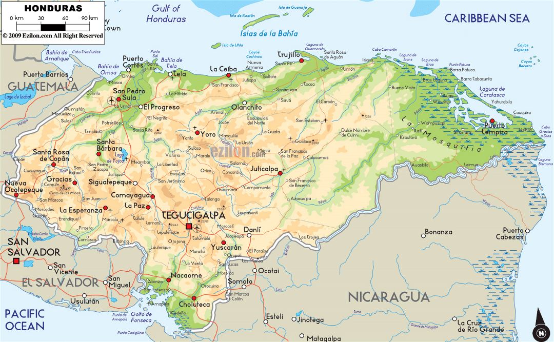 Large physical map of Honduras with roads, cities and airports