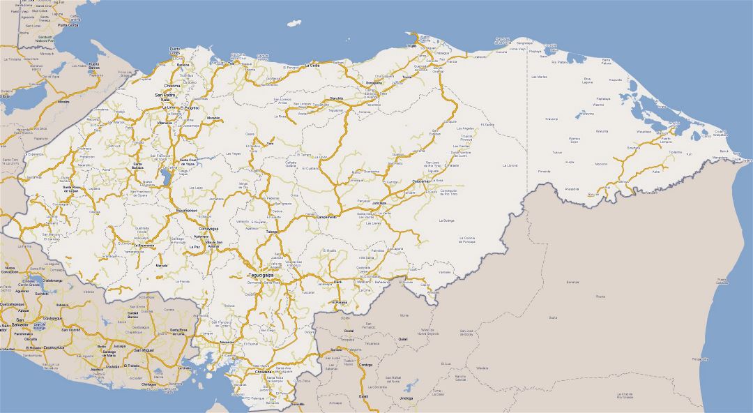 Large road map of Honduras with cities