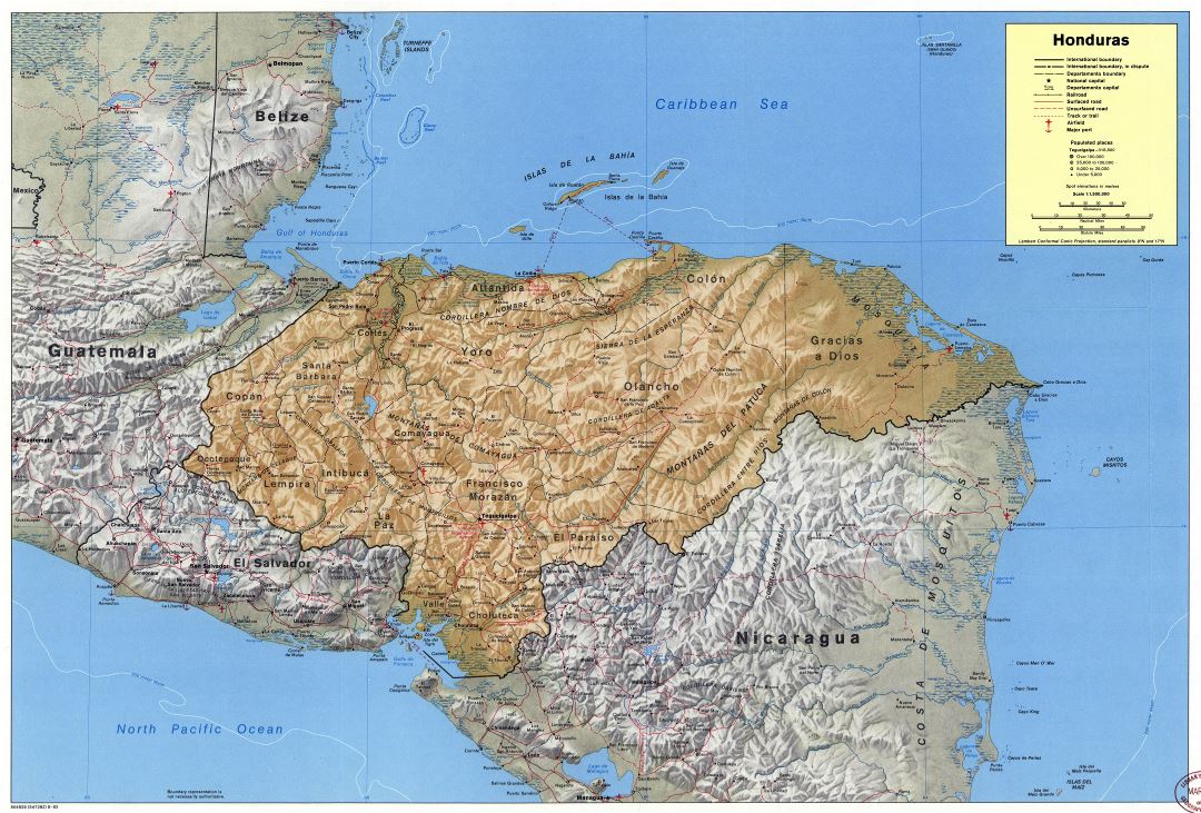 Large scale political and administrative map of Honduras with relief, roads, railroads, cities, sea ports and airports - 1983