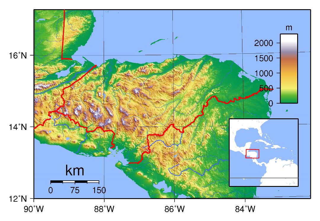 Large topographical map of Honduras