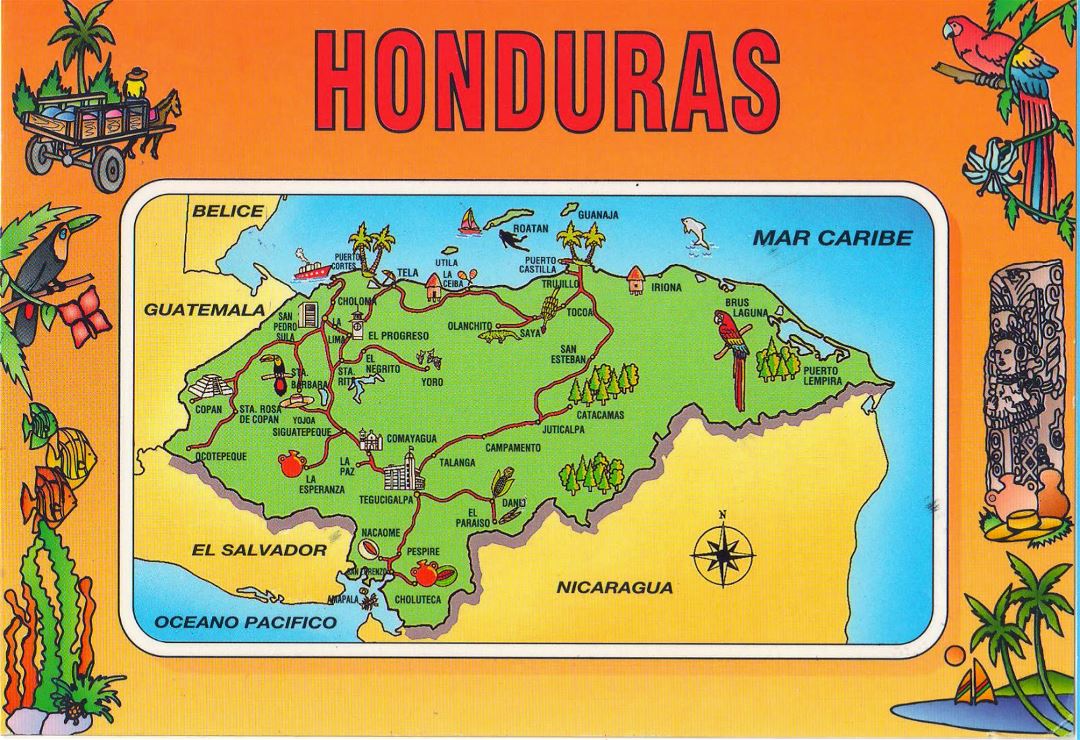 Large travel illustrated map of Honduras