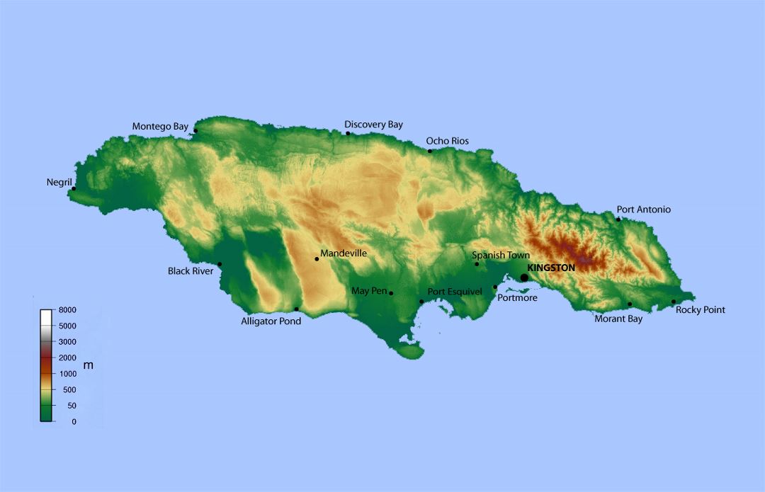 Detailed elevation map of Jamaica