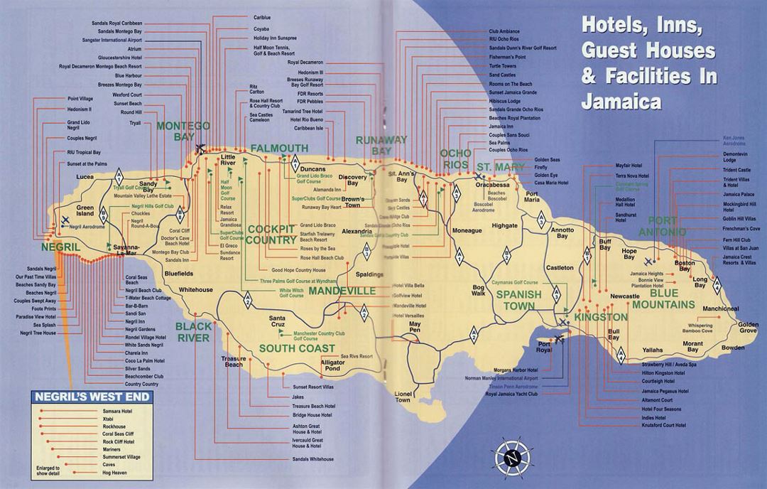 Detailed map of hotels, inns, guest houses and facilities in Jamaica