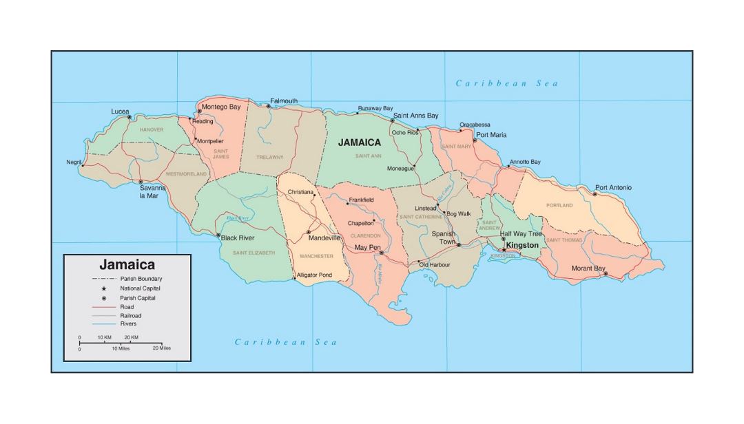 Detailed political and administrative map of Jamaica with roads, railroads, rivers and major cities