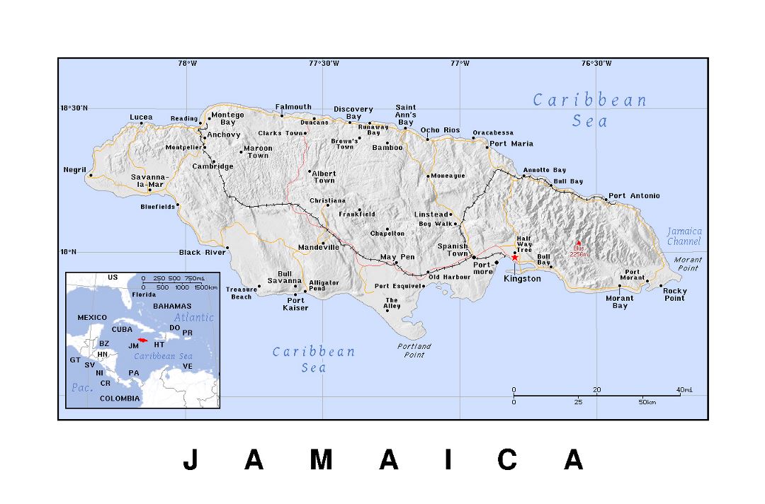 Detailed political map of Jamaica with relief