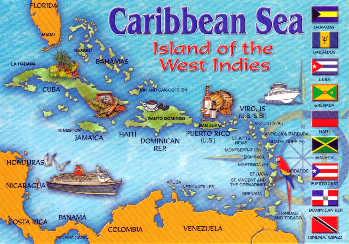 Detailed tourist illustrated map of the Carribean Sea | Jamaica | North America ...