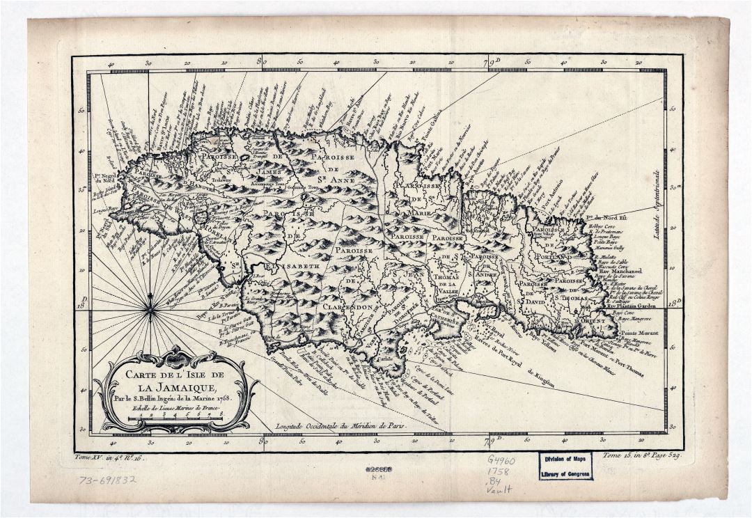 Large detailed old antique map of Jamaica with relief and other marks - 1758