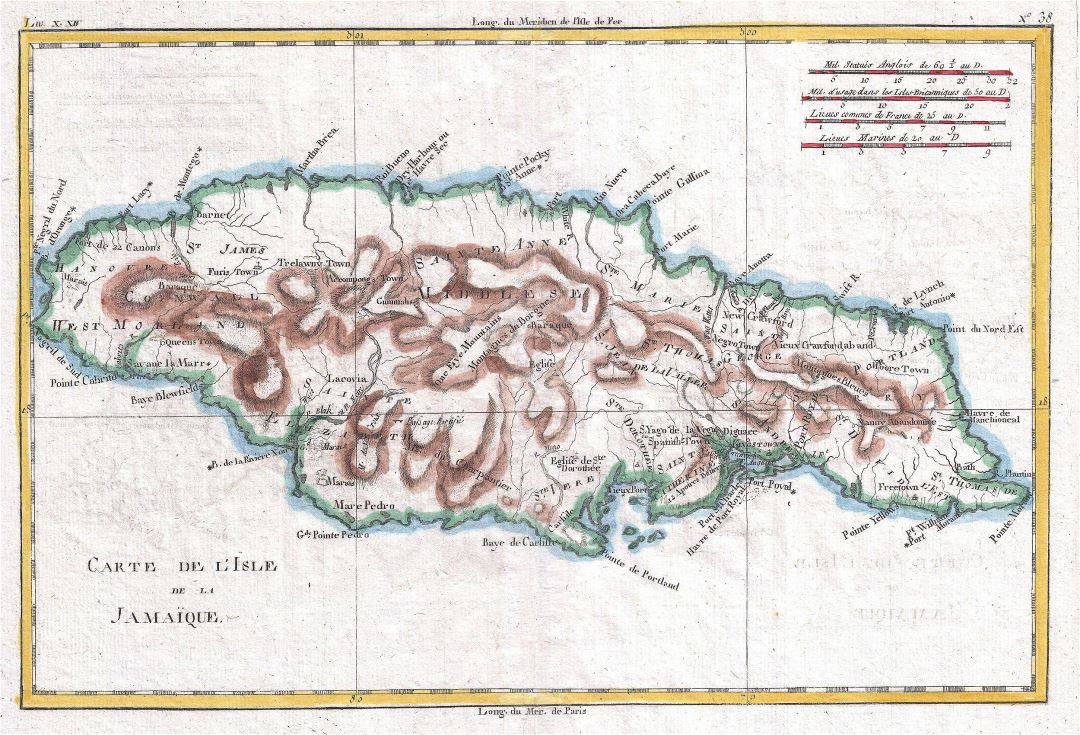 Large detailed old map of Jamaica with relief - 1780