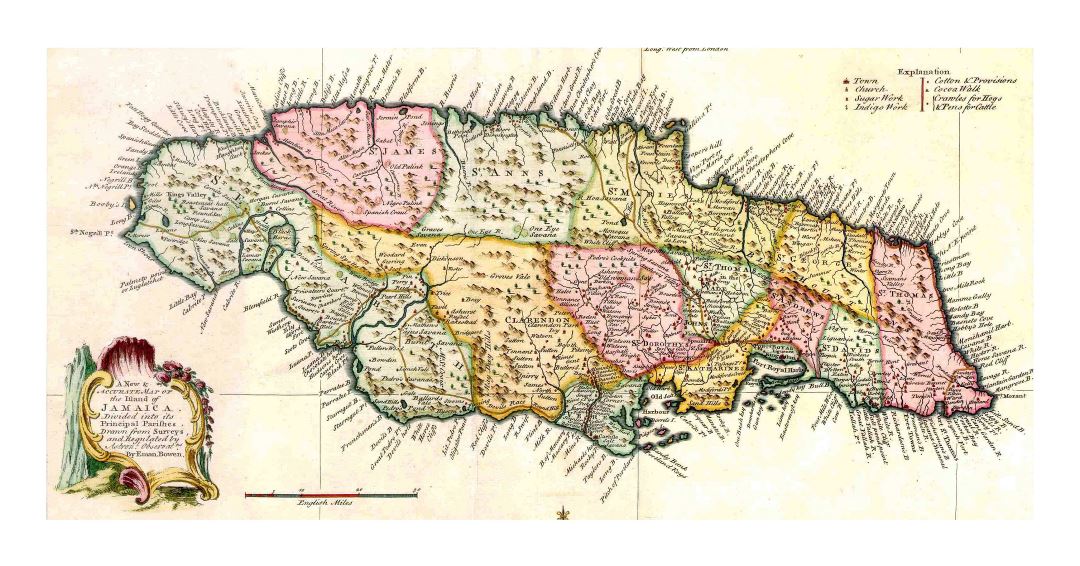 Large detailed old political and administrative map of Jamaica with relief and other marks - 1744