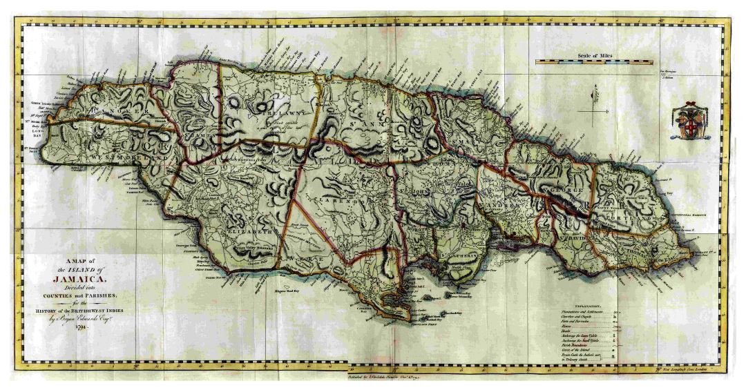 Large detailed old political and administrative map of Jamaica with relief and other marks - 1794