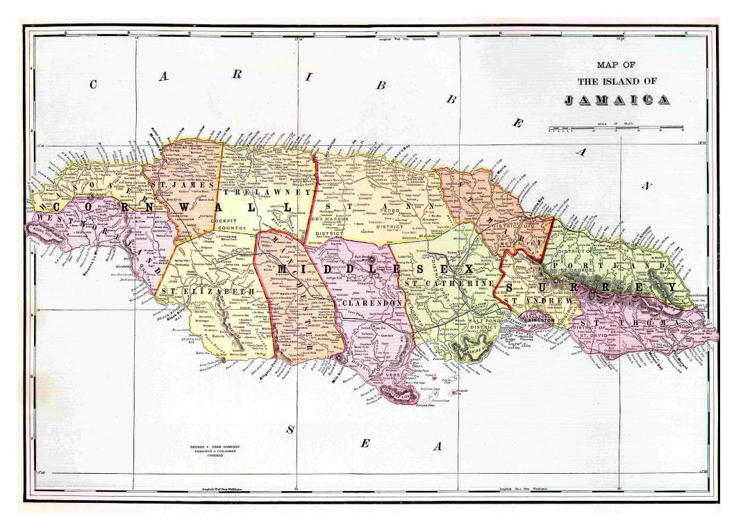 Large detailed old political and administrative map of Jamaica with relief and other marks - 1910