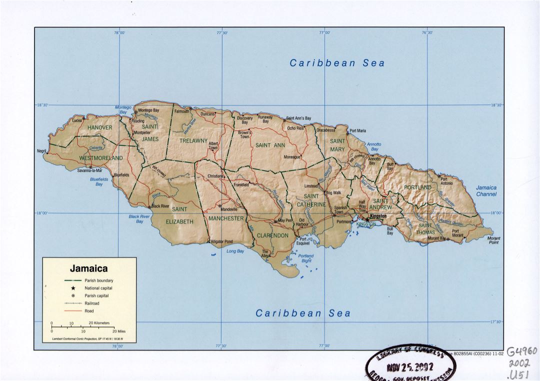 Large detailed political and administrative map of Jamaica with relief, roads, railroads and major cities - 2002