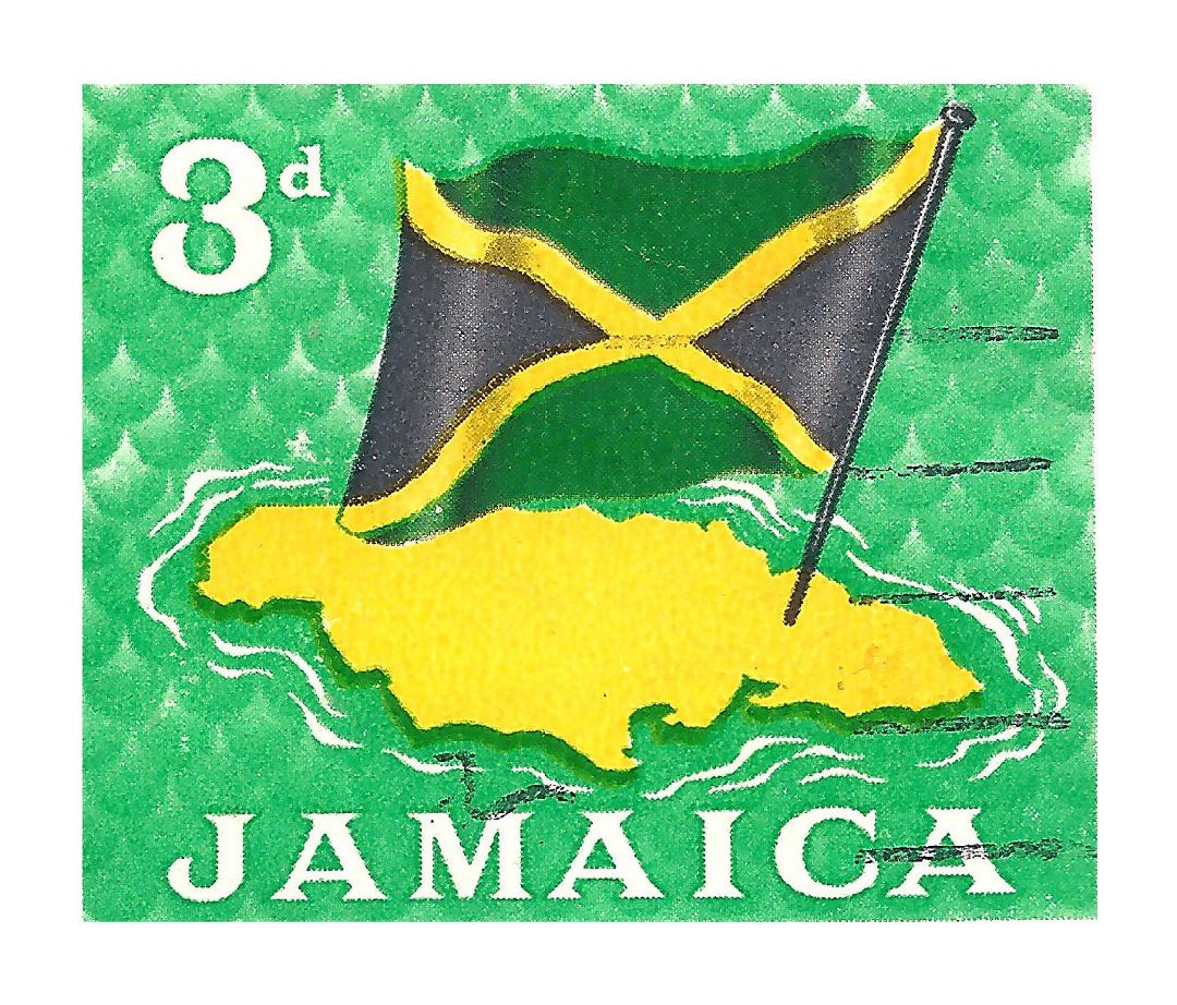 Large Jamaica map and flag postage stamp