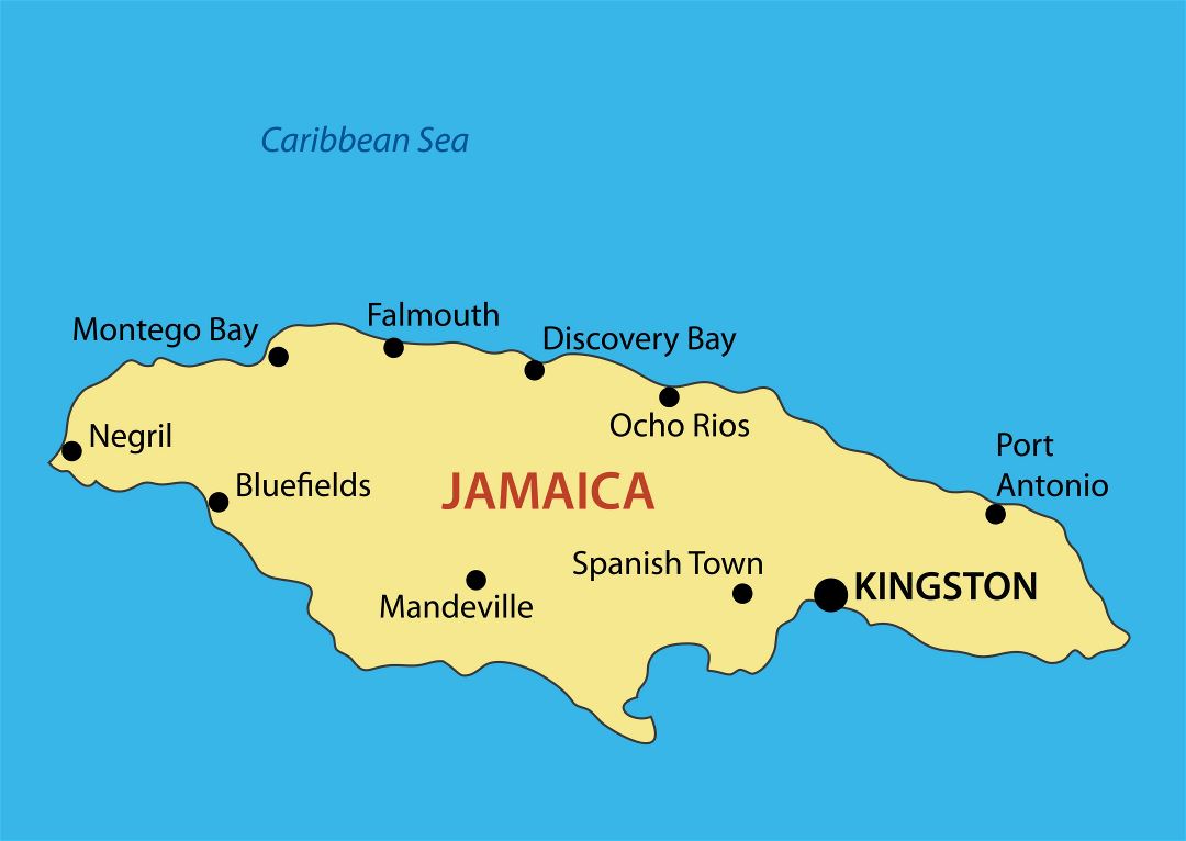 Large map of Jamaica with major cities