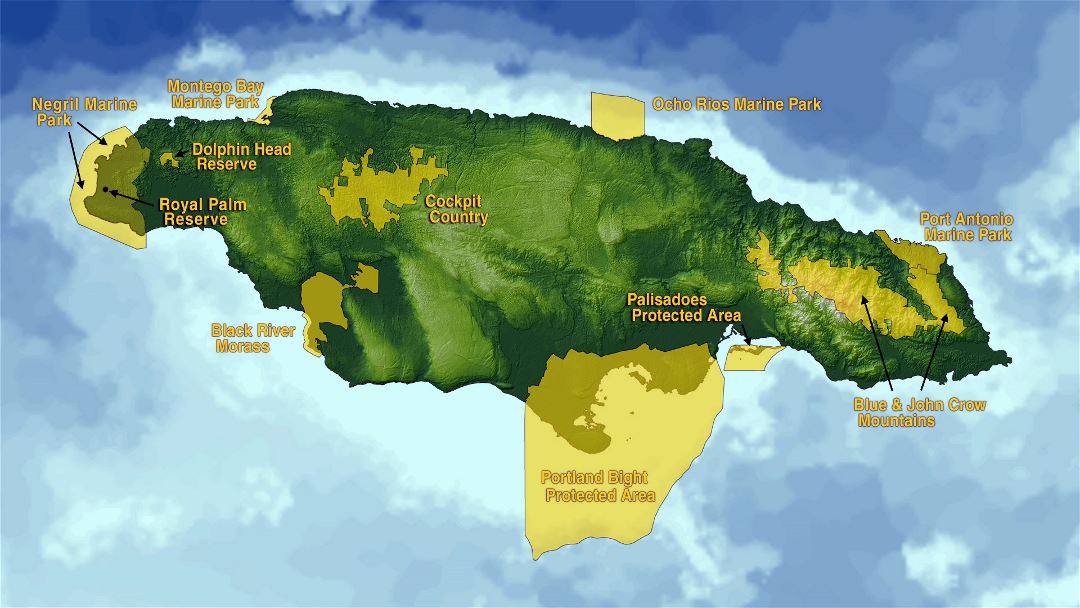 Large map of Jamaica with protected areas
