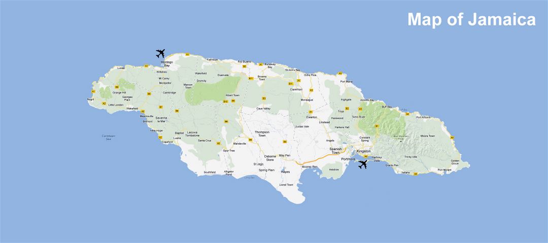 Large map of Jamaica with roads, cities and airports