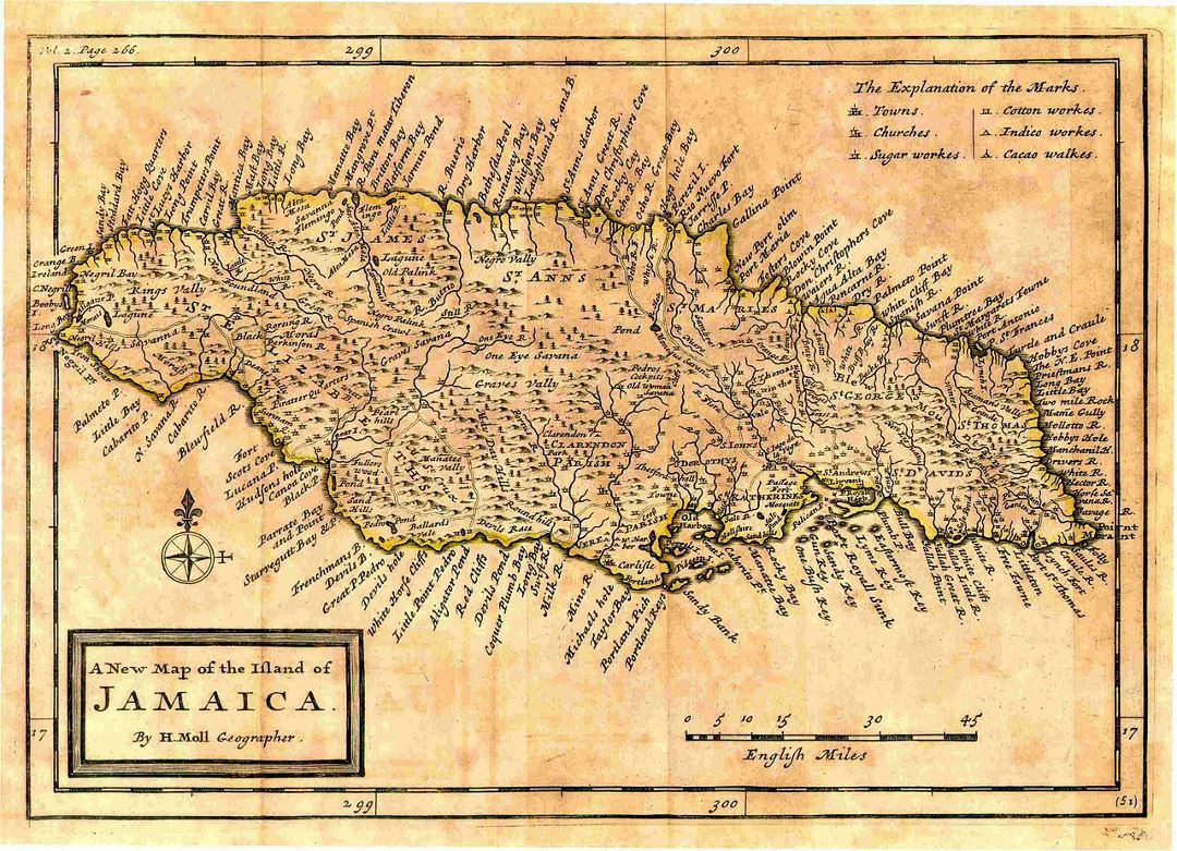 Large old map of Jamaica with relief and other marks - 1717