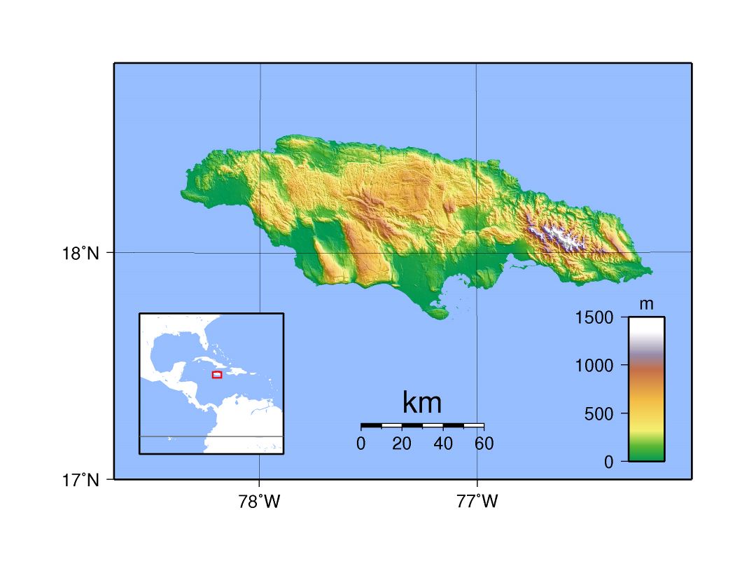 Large physical map of Jamaica