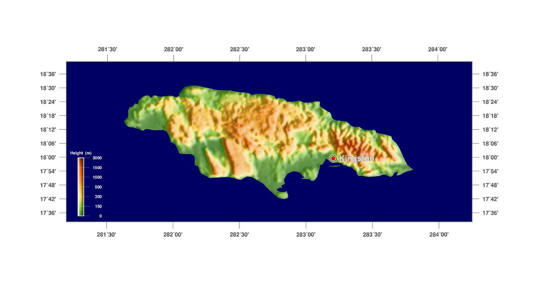 Large physical map of Jamaica with capital