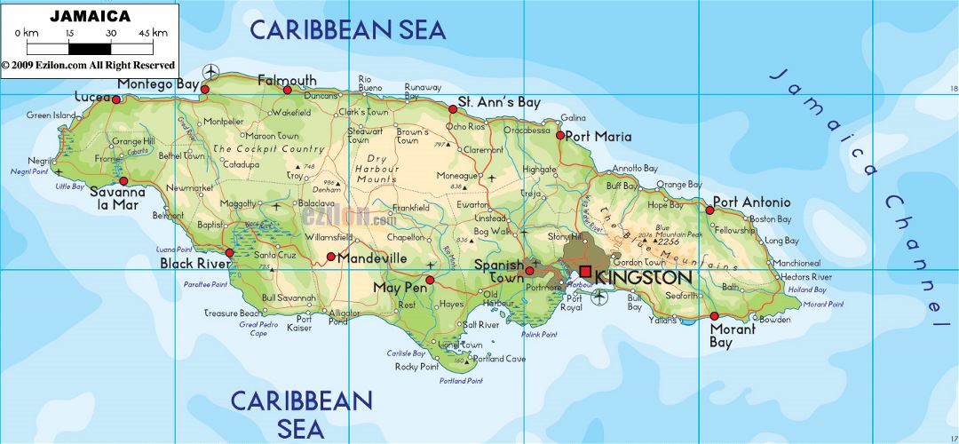 Large physical map of Jamaica with roads, cities and airports
