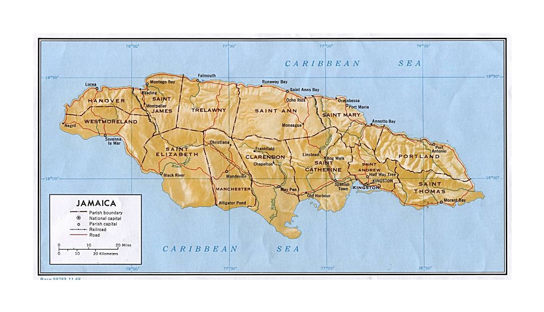 Large political and administrative map of Jamaica with relief, roads, railroads and major cities - 1968