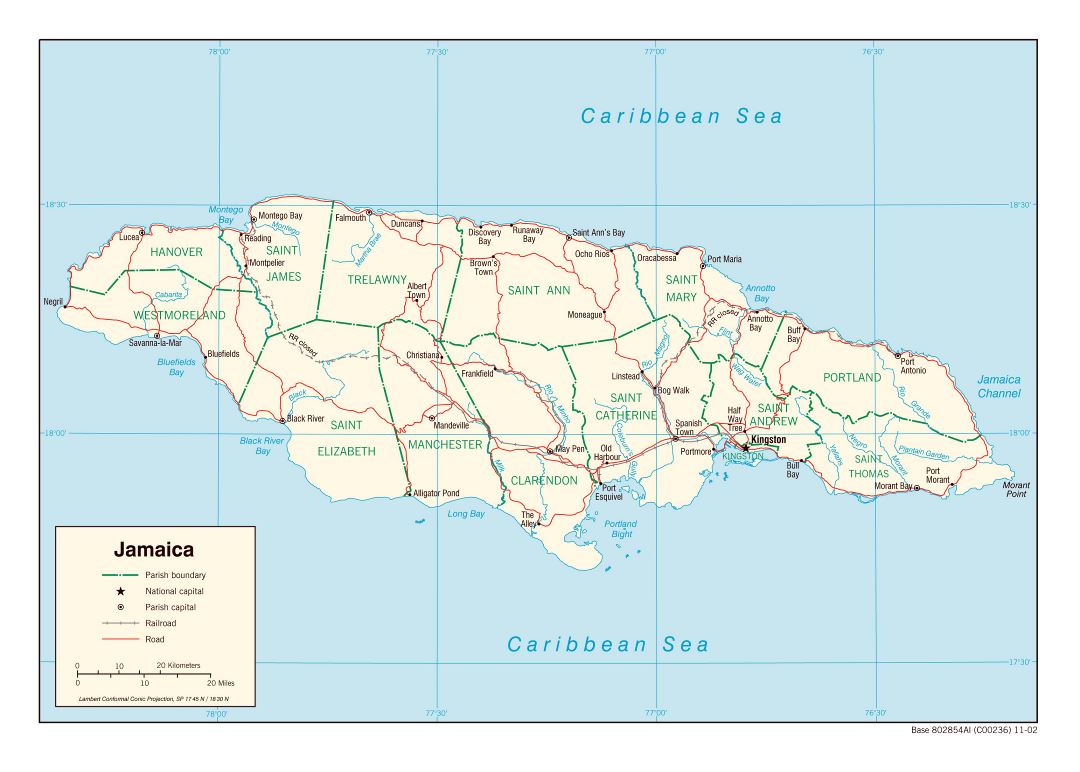 Large political and administrative map of Jamaica with roads, railroads and major cities - 2002