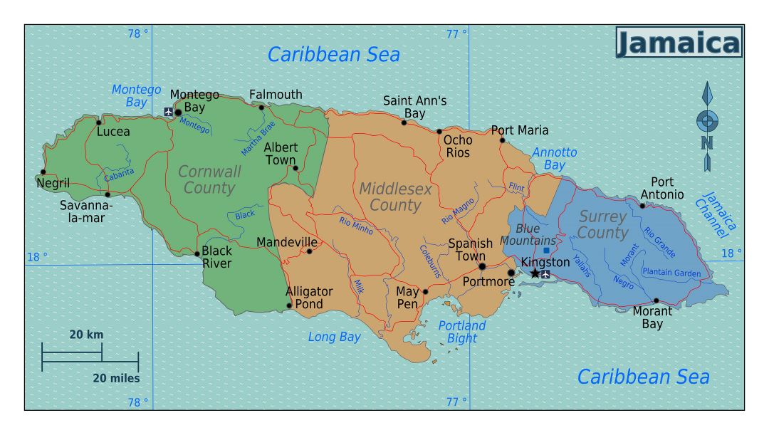 Large regions map of Jamaica