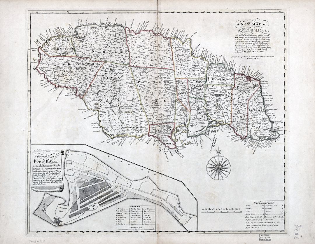 Large scale detailed old map of Jamaica with relief, administrative divisions and other marks - 1771