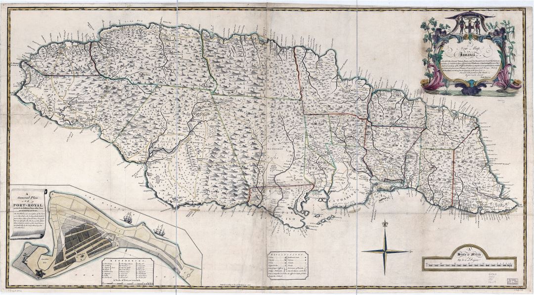 Large scale detailed old political and administrative map of Jamaica with relief and other marks - 1755
