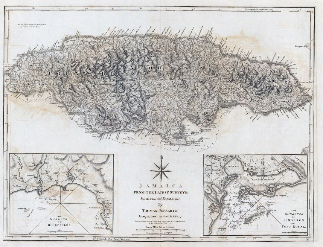 Large scale old map of Jamaica with relief - 1775