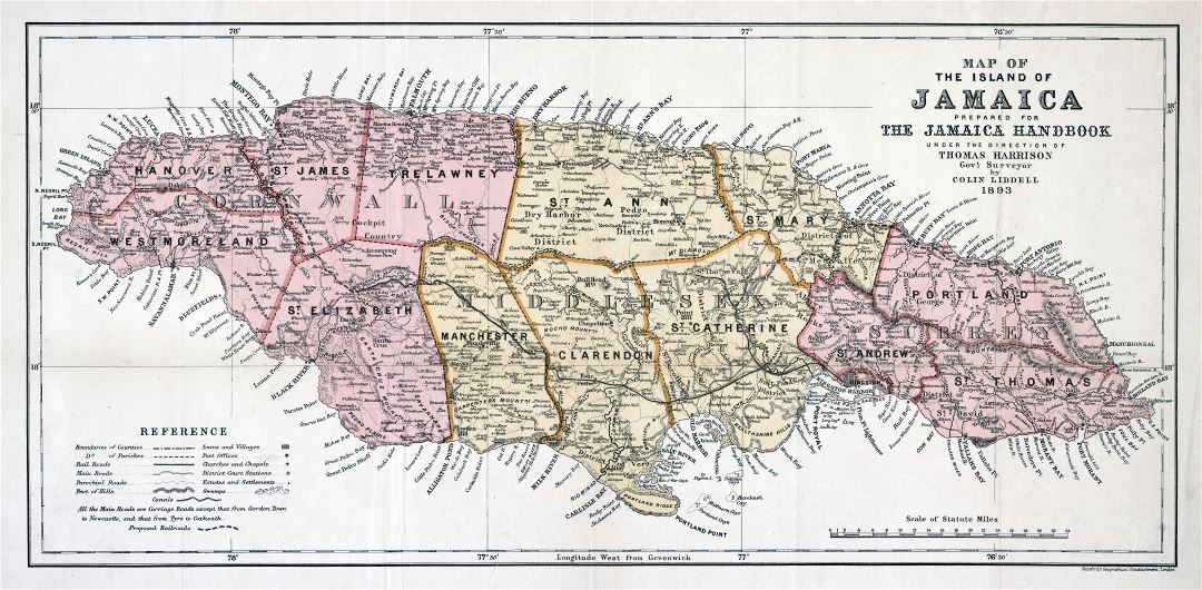 Large scale old political and administrative map of Jamaica with roads, railroads, cities and other marks - 1893